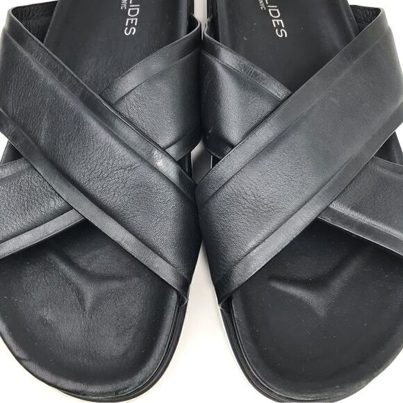 J/Slides OLIVIA Black Leather Crisscross White Stripe Slide Sandals - Picture 6 of 12
